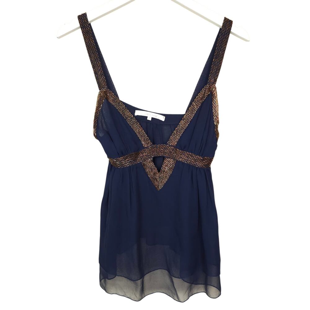 Jenny Han Beaded Silk Babydoll Tank Blouse Small Navy